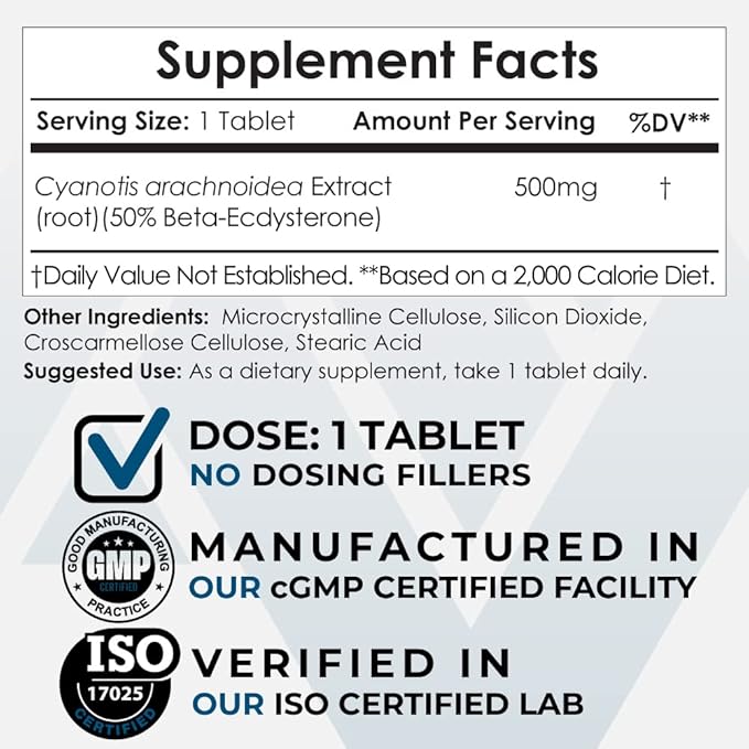 Nootropics Depot Beta Ecdysterone/20-Hydroxyecdysone 50% Tablets | 500mg | Cyanotis Arachnoidea Extract | Phytoecdysteroid | 90 Count