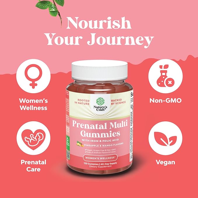 Natures Craft Vegan Prenatal Gummies for Women - Gummy Prenatal Vitamins for Women with Iron Folic Acid and Superfruit Blend - Chewable Vitamins Gummy Formula (Pineapple Mango) 40 Day Supply