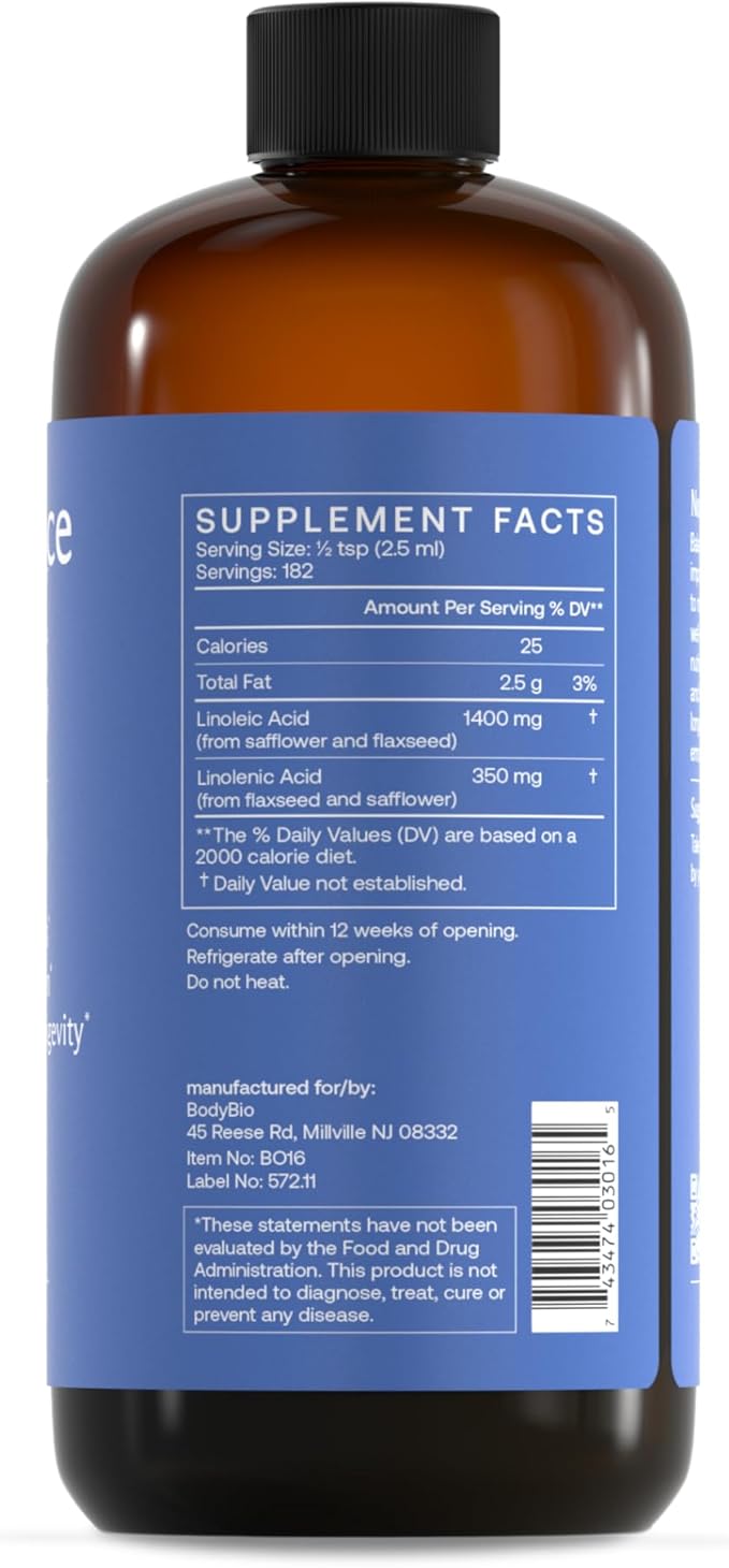 BodyBio Balance Oil - Essential Fatty Acids Omega 3 & 6 - Cold Pressed, Vegan, Organic Safflower and Flax Seed Oil Blend for Brain & Mood Support and Cellular Health, 16 oz