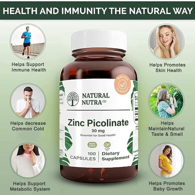 Natural Nutra Zinc Picolinate 30 mg, Double Strength, Raw and Pure, Highly Bioavailable Supplement for Growth and Immune Support, Helps Promote Skin Health, Helps Support Metabolic System 100 Capsules