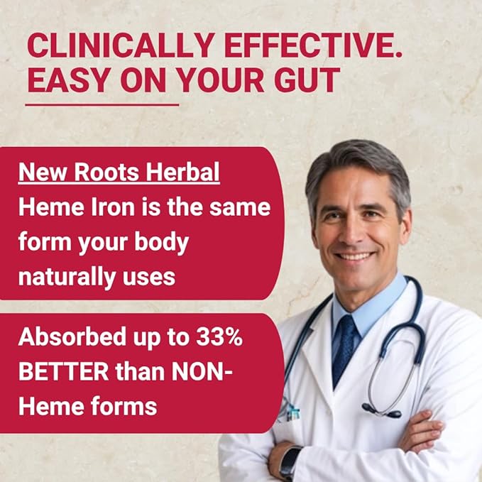 New Roots | Natural Heme Iron Supplement with Vitamin C, B12, & Folate,| Ferritin Supplement for Energy, Focus, and Endurance | Raise Hemoglobin & Ferritin for Women, Low-FODMAP (30 Capsules)