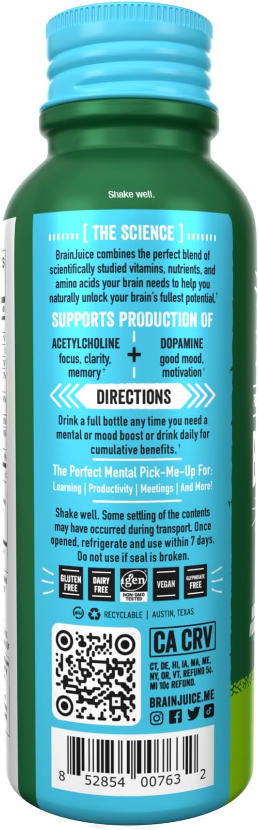 BrainJuice Decaf Brain Support Shot, Gluten Free Supplement Shots for Energy & Focus, Healthy Drinks with Alpha GPC, Vitamin B & Decaffeinated Green Tea Leaf, Classic, 2.5 fl oz, 12 Pack