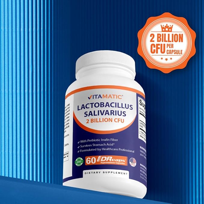 Vitamatic Lactobacillus Salivarius 2 Billion per DR Capsule - 60 Count - Digestive Support - Made with Prebiotic Inulin Fiber (3 Bottles)