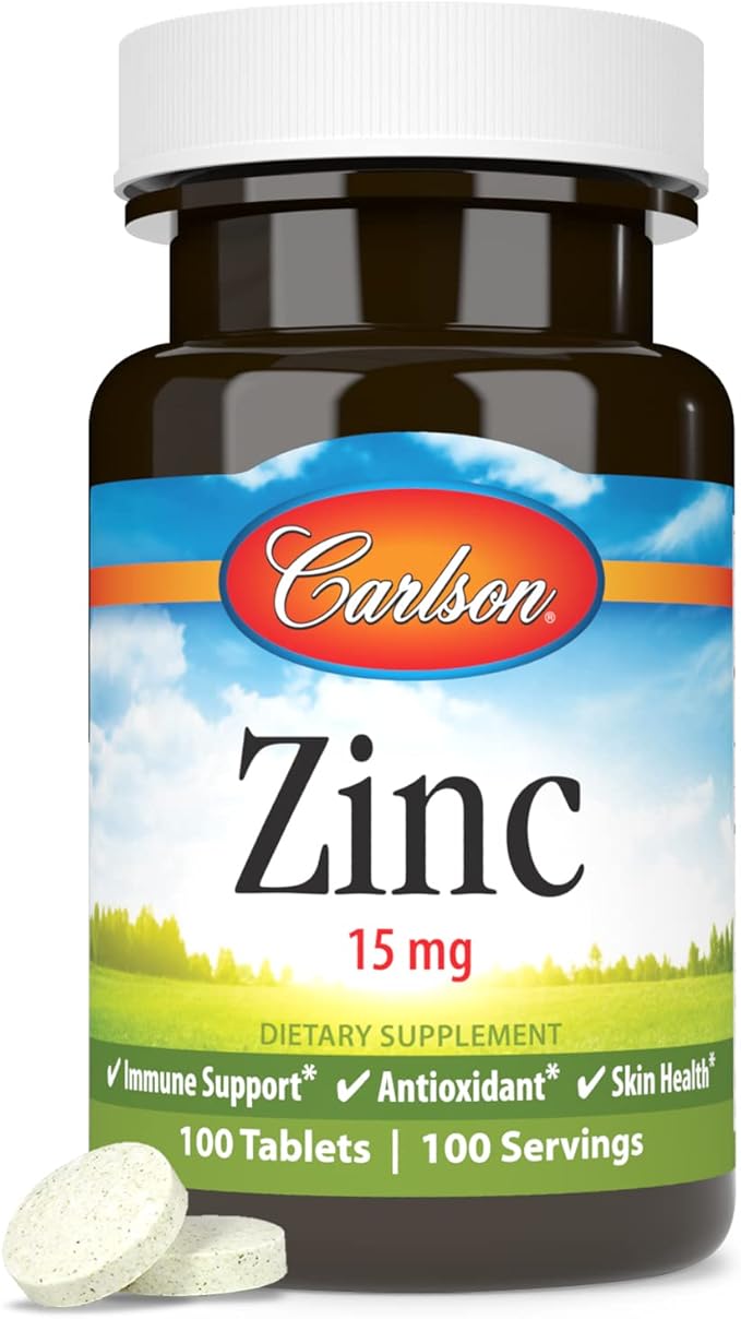 Carlson - Zinc, 15 mg, Zinc Supplement, Zinc Gluconate, Immune Support & Skin Health, Zinc Tablets, Antioxidant, Zinc Capsules, 100 Tablets