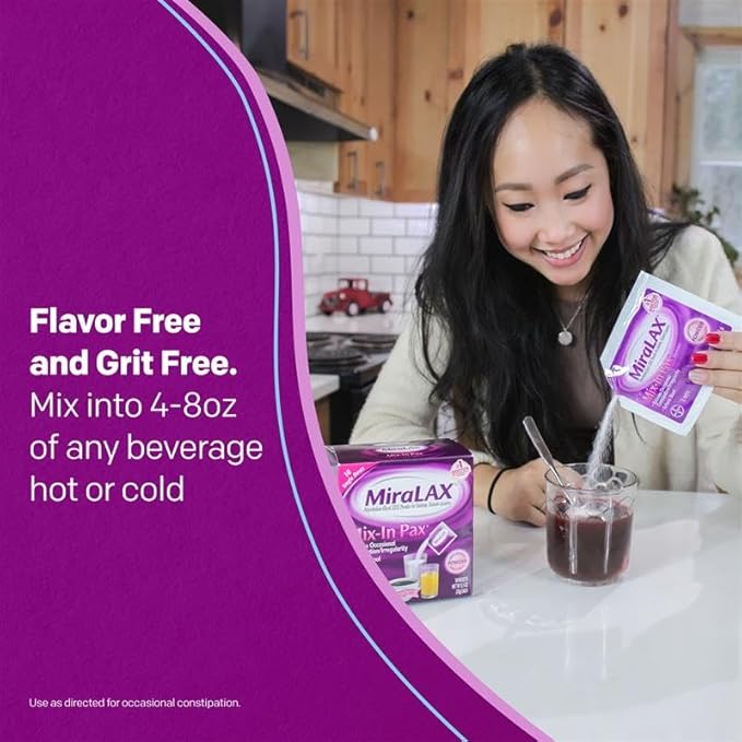 MiraLAX Gentle Constipation Relief Laxative Powder, Stool Softener with PEG 3350, No Harsh Side Effects, Single Dose Mix-In Pax with Mixing Stirrers, Travel Pack, 10 Dose