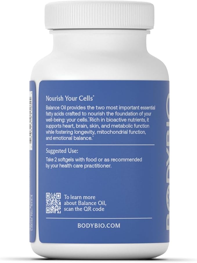 BodyBio Omega Oils 3 & 6 - Essential Fatty Acids for Brain and Heart Health | Organic Safflower and Flax Seed Oil Blend | Cold-Pressed Oils | DHA EPA | Balance Oil 60 Softgel