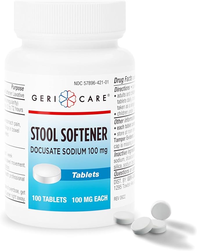 GeriCare Docusate Sodium Stool Softeners, Best Stool Softener for Daily use for Women, Men, and Elderly - Ideal for Constipation Relief 100mg Crushable Tablets. (100 Count) Made in the USA (Pack of 2)