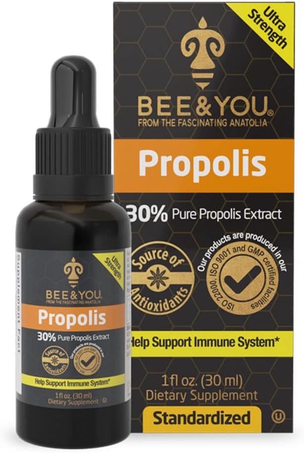 Bee and You Propolis Liquid Extract Drops, 30% Propolis, Ultra Pure, Immune Support Supplement, Sore Throat, Allergy Relief, Respiratory, Antioxidants, Keto, Paleo, Gluten-Free, 1 Fl Oz