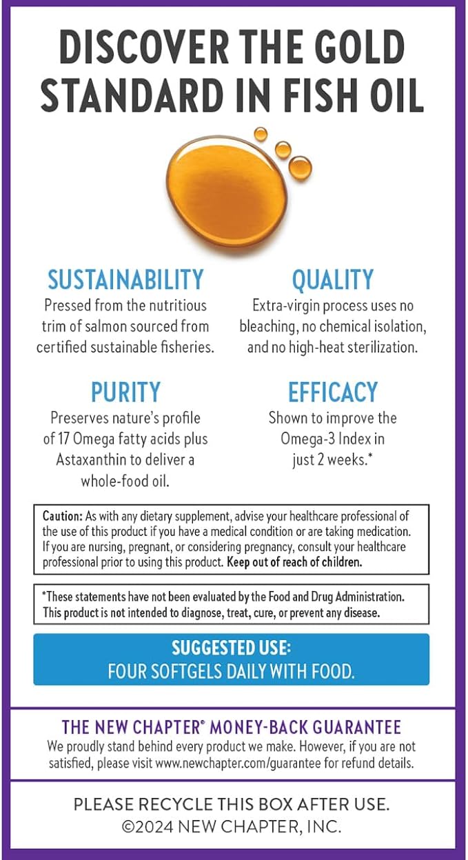 New Chapter Wholemega Fish Oil Supplement - Wild Alaskan Salmon Oil with Omega-3 + Vitamin D3 + Astaxanthin + Sustainably Caught - 90 ct Tiny Caps, 500mg Softgels