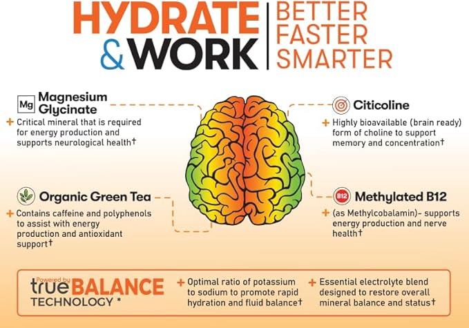 Focus+ Orange Nootropic Electrolyte: Hydration & Brain Support for Cognitive Enhancement, Memory, Concentration - Citicoline, Organic Caffeine, Methyl B12 - Made in USA