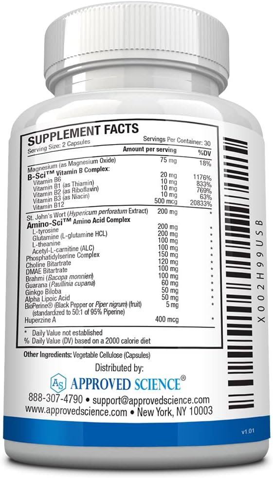 Approved Science Neurexil - Natural Nootropic Support with DMAE - Enhance Brain Function, Sharpen Clarity, Boost Memory - L-Tyrosine, Ginkgo Biloba, Huperzine A, BioPerine - 6 Month Supply