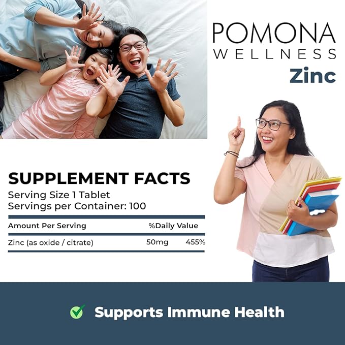 Pomona Wellness Zinc Supplements For Adults, 50mg, Skin Health And Immune Support, Easy To Swallow, For Antioxidant And Overall Health, Vegan, Non-GMO, 100 Tablets