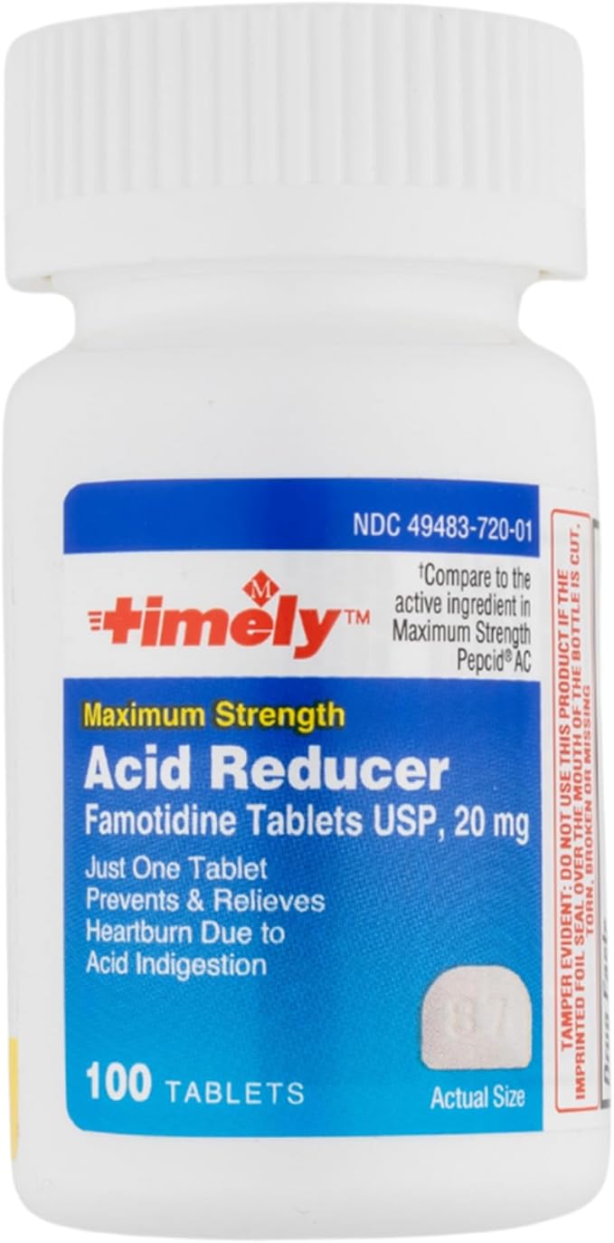 Timely Acid Reducer Famotidine 20mg - Compare to the active ingredient in Maximum Strength Pepcid AC - Antacid Acid Reflux Medicine for Heartburn Relief and Acid Indigestion Symptoms - 100 Tablets