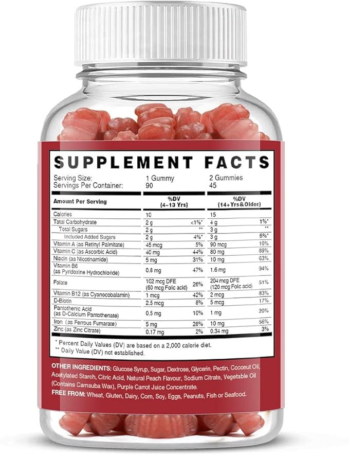 Iron Gummies Supplements for Women & Kids - Multivitamin with Vitamin C for Energy Support, Great Tasting Iron Gummy Vitamins with Vitamin C for Max Absorption - Vegan, Strawberry 90 Count