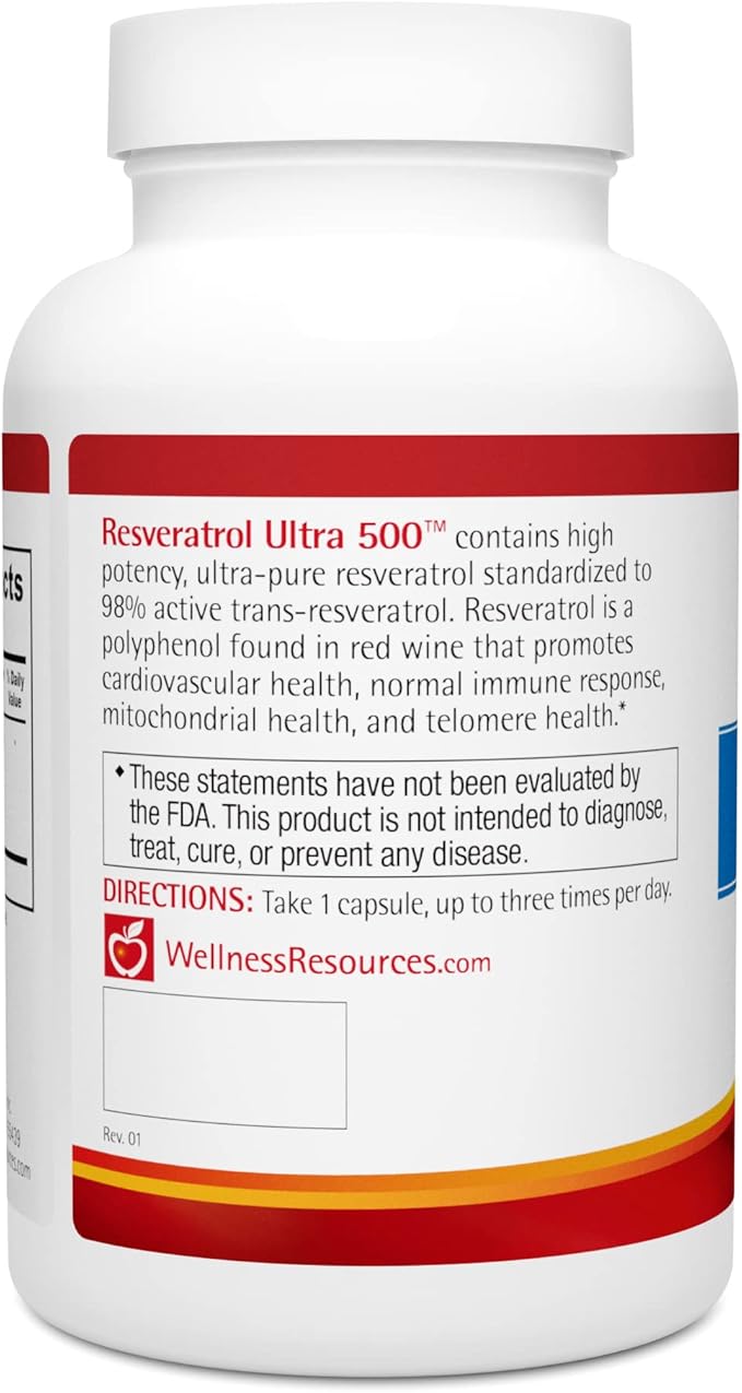 Wellness Resources Resveratrol Ultra 500 - High Potency 98% Trans-Resveratrol 500mg Per Capsule (90 Capsules) - Bioactive Resveratrol Supplement
