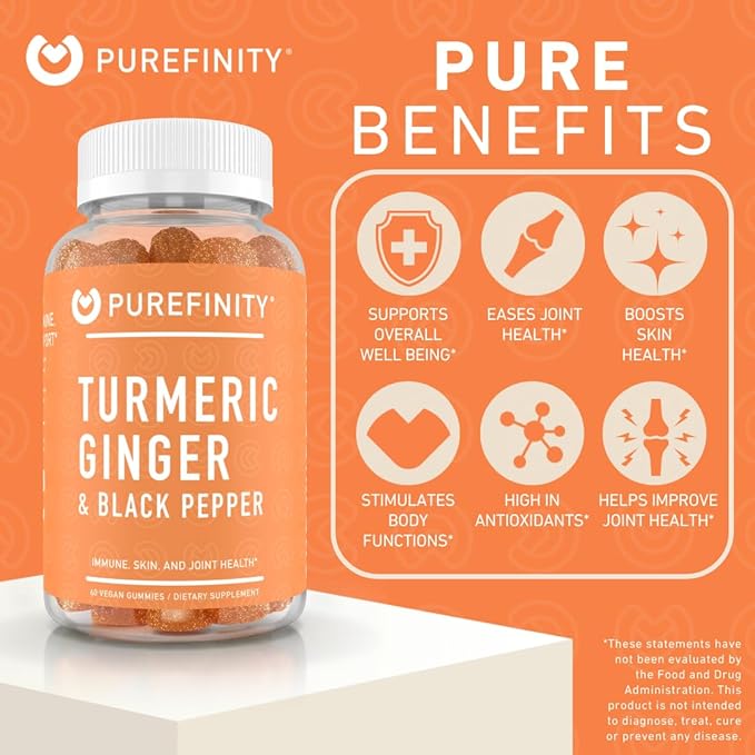 Turmeric and Ginger Supplement Gummies with Black Pepper, Joint Support Curcumin Chewables with Delicious Flavor – Gluten Free, Non-GMO, Vegan, 60 Count