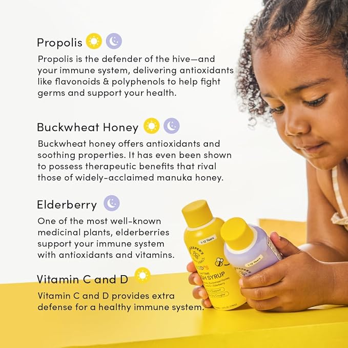 Beekeeper's Naturals Kids Honey Cough Syrup – Day & Night Value Pack – Immune Support with Elderberry, Vitamin C, D, Propolis & Raw Honey – Soothing, Clean Ingredients – Two Pack, 2 x 4 fl oz