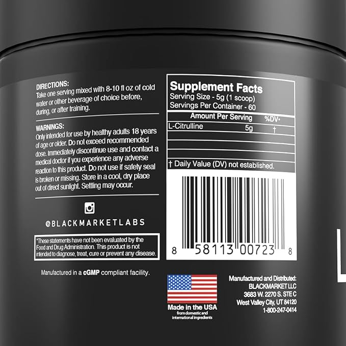 BLACKMARKET RAW L-Citrulline - Workout Powder Drink Mix for Men & Women, Improve Blood Flow & Performance, Cardiovascular Health Supplement, Reduces Fatigue & Improves Endurance, 300 Grams