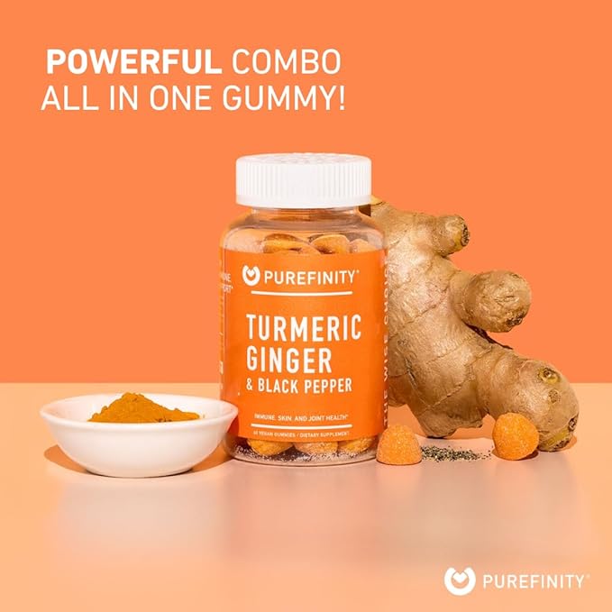 Turmeric and Ginger Supplement Gummies with Black Pepper, Joint Support Curcumin Chewables with Delicious Flavor – Gluten Free, Non-GMO, Vegan, 60 Count