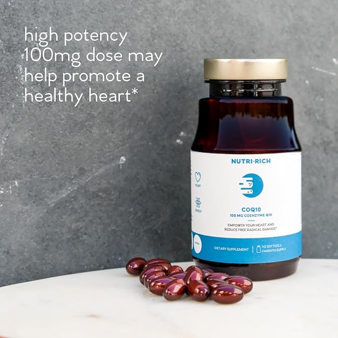 Nutri-Rich CoQ10 High Potency 100mg Coenzyme Q10, Ubiquinone, Antioxidant for Heart Health & Cellular Energy, Naturally Fermented, for Aging & Statin Usage, 3 Month Supply (90 Softgels)