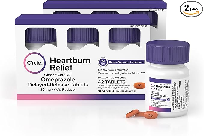 C’rcle Omeprazole 20mg Tablets (84 Ct, Six 14 Day Courses) - Delayed-Release Heartburn Medicine - Daily Use Acid Reducer for Frequent Heartburn Relief & Acid Reflux Relief - 14 Antacid Pills - 6-Pack