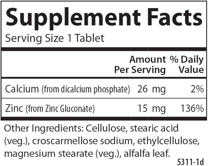 Carlson - Zinc, 15 mg, Zinc Supplement, Zinc Gluconate, Immune Support & Skin Health, Zinc Tablets, Antioxidant, Zinc Capsules, 100 Tablets