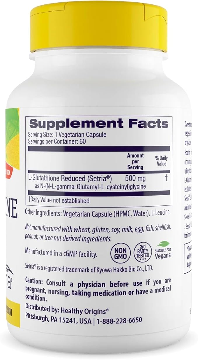 Healthy Origins L-Glutathione 500 mg (Setria, Non-GMO, Gluten Free, Antioxidant, Immune Support, Skin Support), 60 Veggie Caps