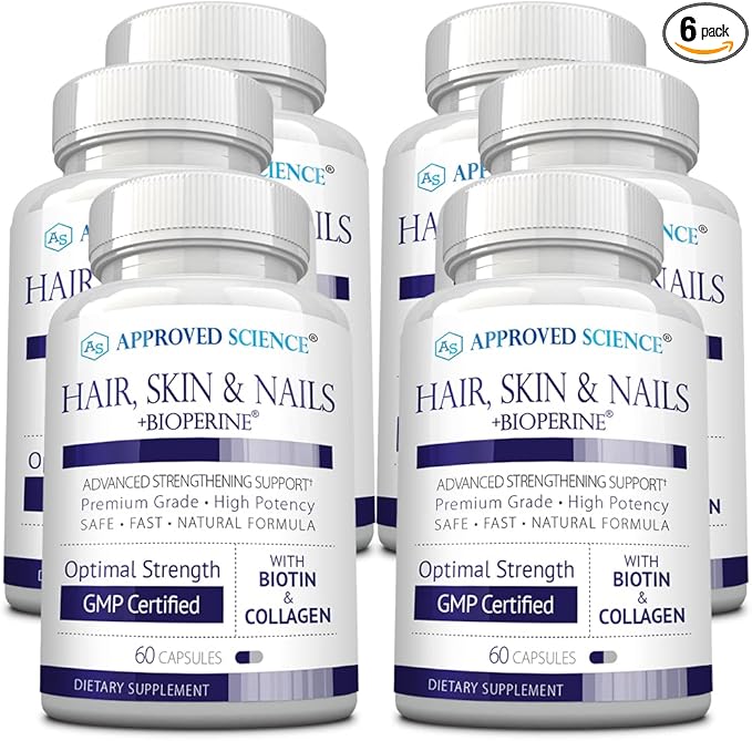 Approved Science Hair, Skin and Nails - Support Supplement - Biotin, Collagen, Vitamin B Complex, Silica, BioPerine - 360 Capsules - 6 Month Supply