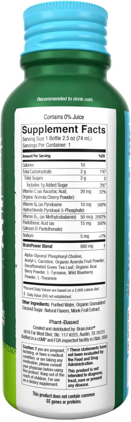 BrainJuice Decaf Brain Support Shot, Gluten Free Supplement Shots for Energy & Focus, Healthy Drinks with Alpha GPC, Vitamin B & Decaffeinated Green Tea Leaf, Classic, 2.5 fl oz, 12 Pack
