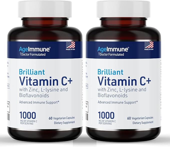Vitamin C 1000mg Complex with L-Lysine 500mg, Zinc Gluconate 12mg, Bioflavonoids 300mg. Doctor Formulated Magnesium Stearate Free Supplements for Healthy Immune System Support. Two Bottles.(2)