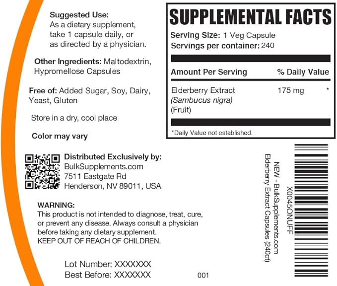 BulkSupplements.com Elderberry Capsules - Sambucus Elderberry Supplements, for Immune Support - Vegan, 1 Capsule per Serving, 240 Veg Capsules (Pack of 1)
