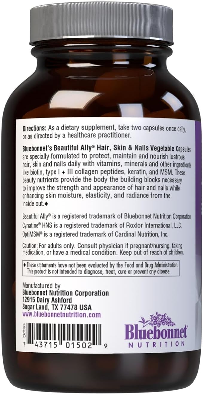 BlueBonnet Nutrition Beautiful Ally Hair, Skin & Nails, Hydrolyzed Collagen from Grass Fed Cows, Collagen Peptides Type 1 & 3, Non GMO, Gluten Free, Soy Free, Milk Free, 90 Vegetable Capsules