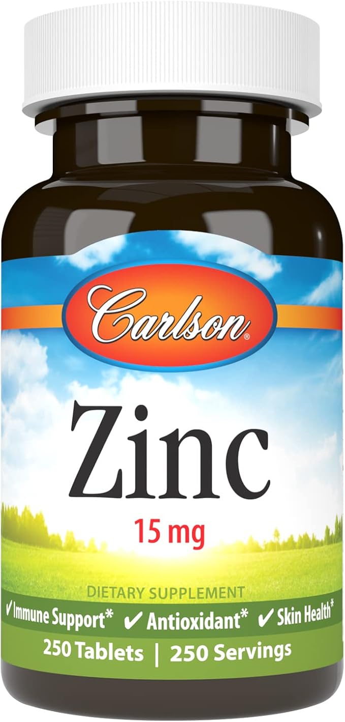 Carlson - Zinc, 15 mg, Zinc Supplement, Zinc Gluconate, Immune Support & Skin Health, Zinc Tablets, Antioxidant, Zinc Capsules, 250 Tablets