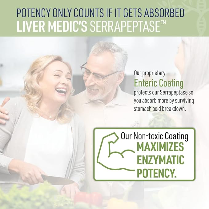 Serrapeptase Pure Digestive Enzymes (Enteric Coated) – Premium Healthy Gut Protection & Liver Support – Non-GMO, Vegan Liver Supplement for Gut Health. Digestive Enzymes & Tissue Support (60 Caps)