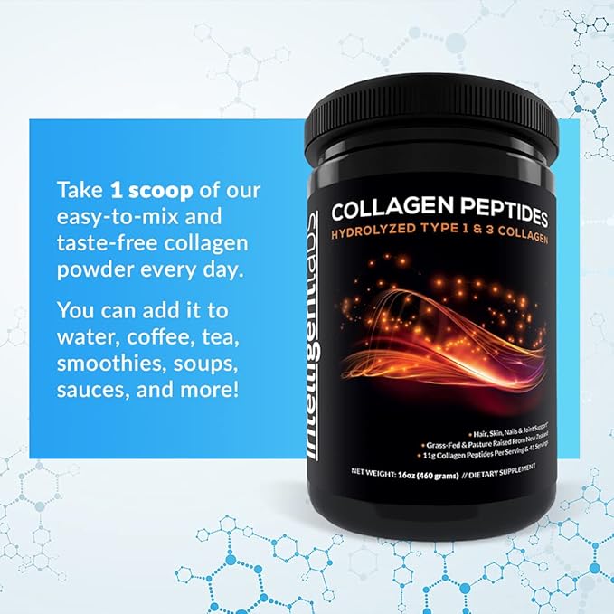 Intelligent Labs Hydrolyzed Type 1 and 3 Collagen Peptides Powder, 100% Cruelty-Free and Grass-Fed Bovine, Supports Healthy Hair, Skin, Nails & Joints, 11g per Serving, 41 Servings a Bottle