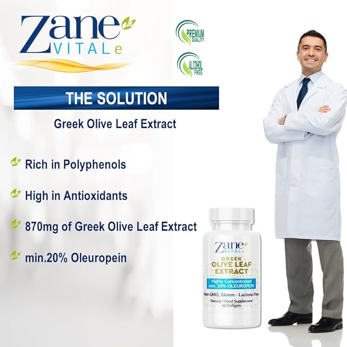 Zane Greek Olive Leaf Extract - min. 20% Oleuropein - Provides Immune and Healthy Blood Pressure Support, Promotes Cardiovascular System Health - 60 Capsules Non-GMO, Gluten - Lactose – Paraben Free