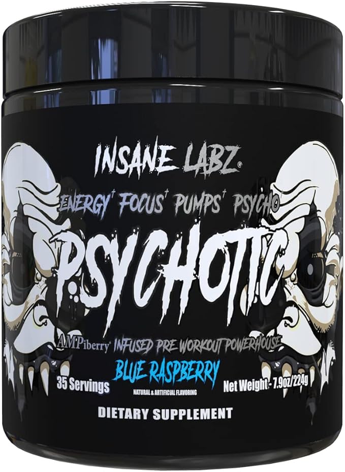 Insane Labz Psychotic Black Edition Mid Stimulant Pre Workout Powder, Energy Focus Pumps, Loaded with Creatine Beta Alanine Taurine Fueled by AMPiberry, 35 Servings (Blue Raspberry)