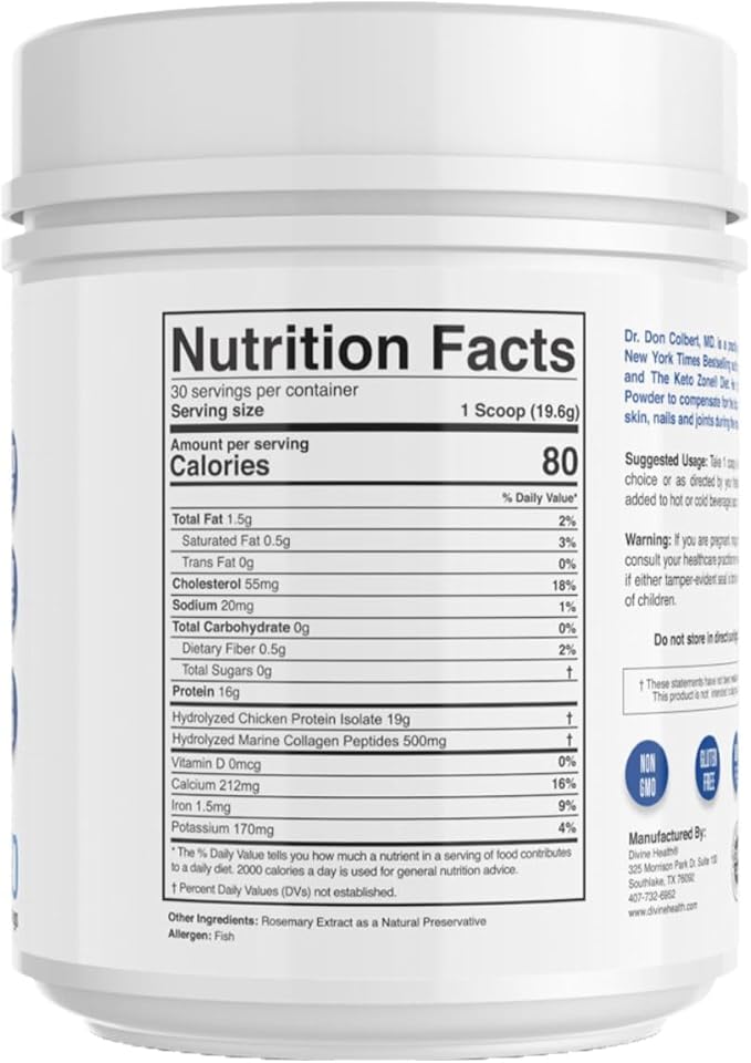 Keto Zone Dr. Colbert MD Hydrolyzed Collagen Powder | Unflavored | by Divine Health | Chicken & Marine Collagen Peptides | Hair, Skin and Nails Support
