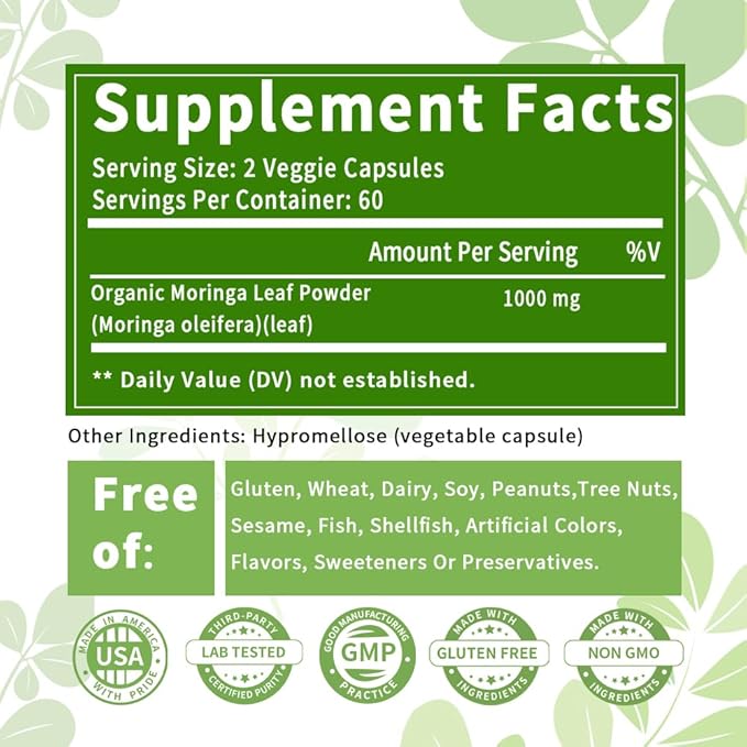 Pure Moringa Powder Capsules Organic Moringa Leaf Green Superfood Supports Energy Immunity Skin Gut and Joint Health Gluten Free Supplement 120ct