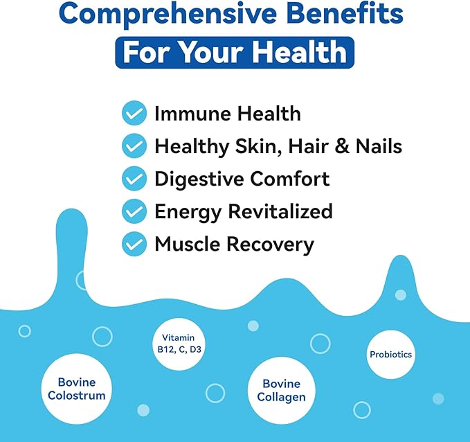 Bovine Colostrum & Collagen Powder for Gut Health, Immune Support, Hair Growth & Beauty Supplement, Sugar Free – IgG, Probiotics, Vitamin B12, C, D3 – Unflavored, 30 Servings