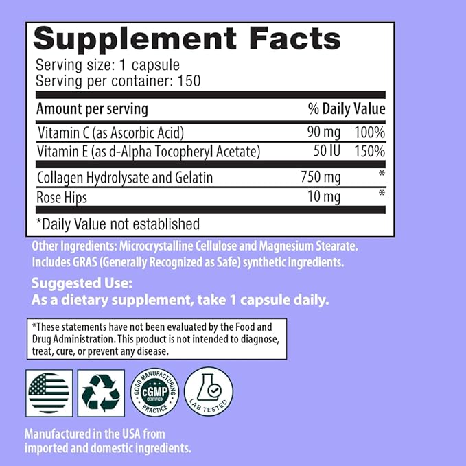 Sanar Naturals Collagen Pills with Vitamin C, E - Supports Hair, Nail, Skin, Joint & Bone Health - Hydrolyzed Collagen for Women & Men Supplement - Grass Fed, Non-GMO, 150 Capsules