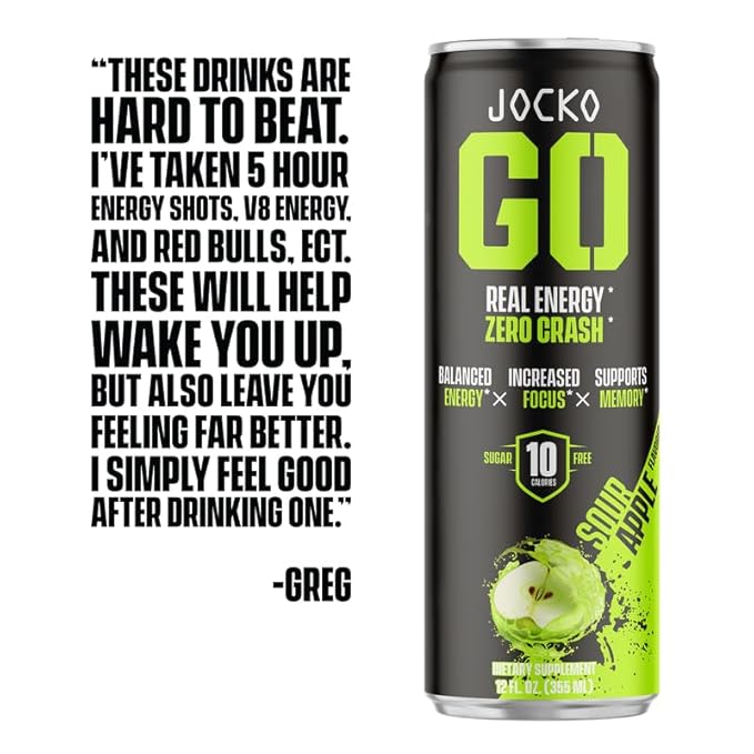 Jocko GO Energy Drink - KETO, Vitamin B12, Vitamin B6, Electrolytes, L Theanine, Magnesium- Energy Boost, Sugar Free Nootropic Monk Fruit Blend - 12 Pack (Sour Apple)
