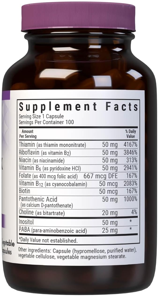 Bluebonnet Vitamin B Complex Full Spectrum B Vitamins - Energy Support - Complete Vit B Inositol Biotin Riboflavin Folate as Folic Acid Choline B6 & B12 - Vegan, Gluten-Free - 100 Vegetable Capsules