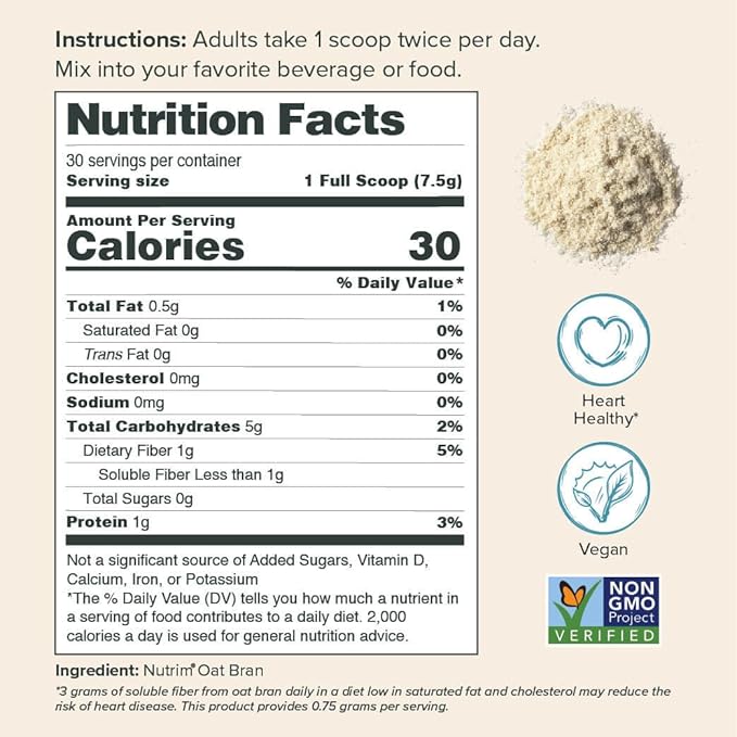Oat Bran Powder with 750mg Beta Glucan per Serving - Easy-Mix Soluble Fiber for Cholesterol Management & Immune Support - Heart Healthy, Non-GMO & Vegan Oatmeal Powder