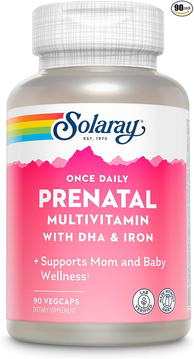SOLARAY Once Daily Prenatal Multivitamin with DHA & Iron, Prenatal Vitamins and Minerals for Expectant Mothers, Easy Morning Herbal Blend & Whole Food Base, Lab Verified, 90 Servings, 90 VegCaps