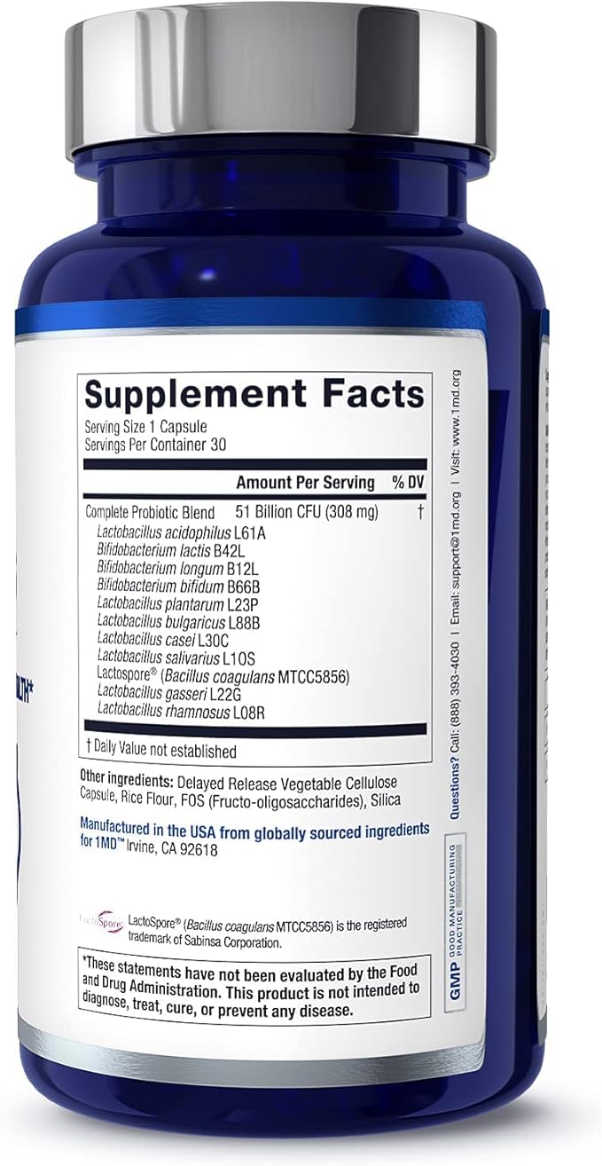 1MD Complete Probiotics Platinum | Supports Digestive Health | with Nourishing Prebiotics, 51 Billion Live CFU, 11 Strains, Dairy-Free | 30 Vegetable Capsules (2-Pack)