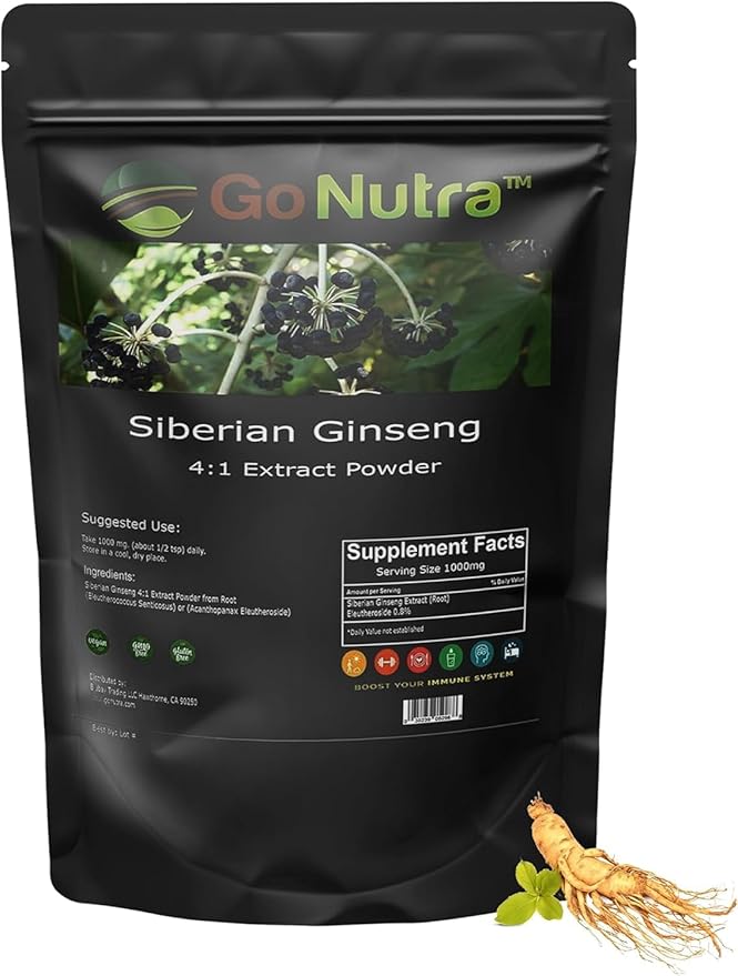 Go Nutra Siberian Ginseng Powder 4:1 Extract 4X Times Stronger Eleuthero Root Extract Non-GMO 4oz