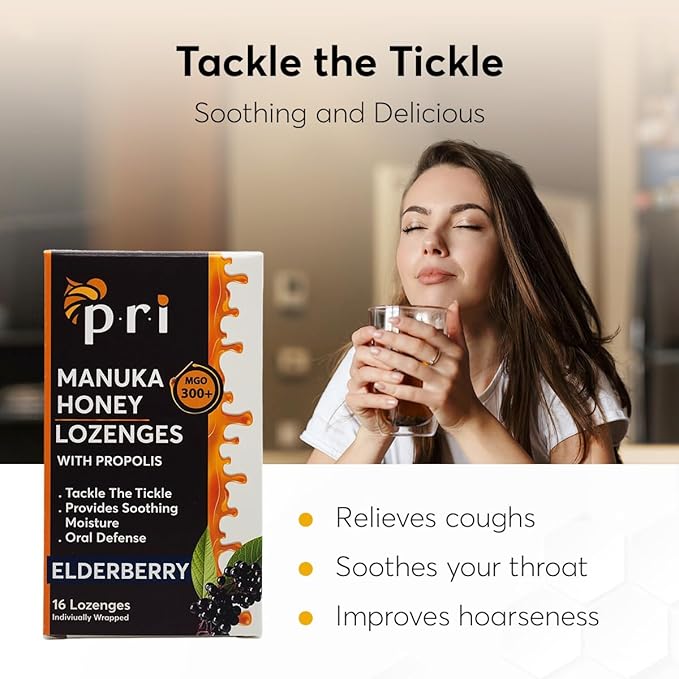 P.R.I Manuka Honey Lozenges with Propolis, Soothing Cough and Throat Drops, MGO 300+ Certified (Elderberry, 16 Count/2 Pack)