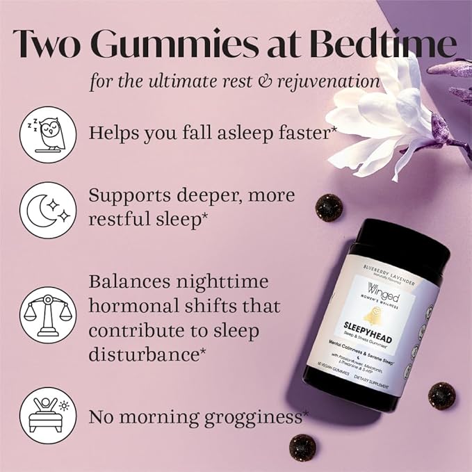 Winged Sleepyhead Gummies | Non-Habit Forming Natural Sleep Supplement | 8 Powerful Nutrients with Melatonin, L-Theanine, 5-HTP, Passionflower & Lemon Balm | Blueberry Lavender Flavor (90 Servings)