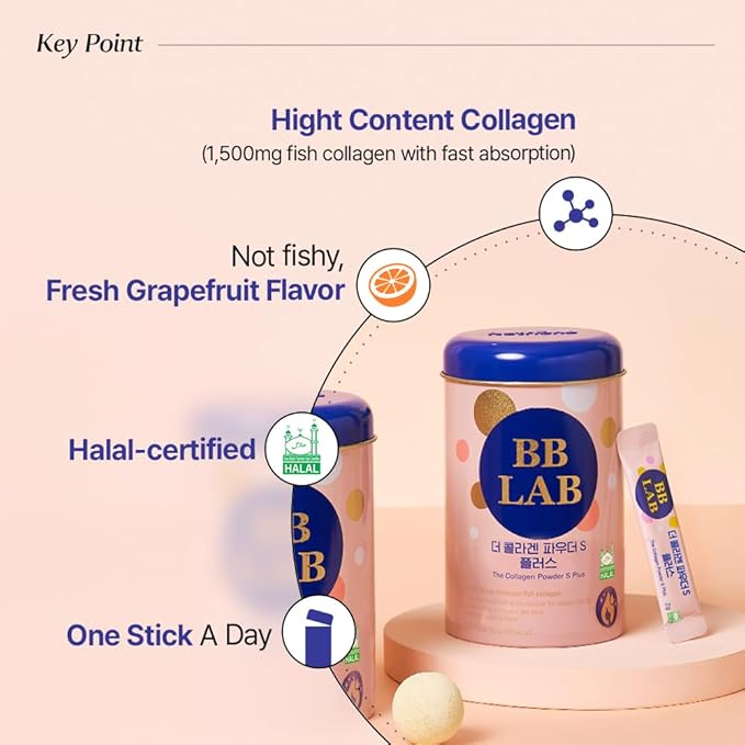 BB LAB Collagen Powder S Plus Halal, Low Molecular Korean Collagen Powder Stick Supplement, Marine, Fish Collagen Peptides, Vitamin C, Glycine, Fast Absorption, Grapefruit Flavor